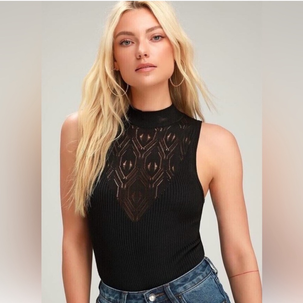 Free People On Point Black Ribbed Pointelle Mock Neck Bodysuit Medium